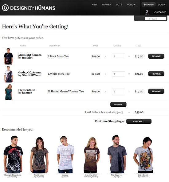 DesignByHumans features a simple, easily understandable shopping cart with a functional design